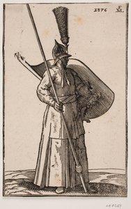 Soldado de pie, mirando hacia la derecha; en la cabeza un casco puntiagudo con una gran pluma; en la mano derecha una lanza, cuya punta está fuera de la línea de encuadre superior; en el brazo izquierdo un escudo con el interior hacia arriba de Melchior Lorck