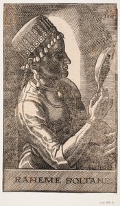 Retrato de sultana, reflejándose, perfil hacia la derecha: RAHEME SOLTANE.
