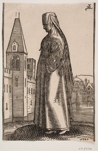 Mujer velada caminando, perfil hacia la izquierda; frente a ella se eleva una muralla con torres desde el agua