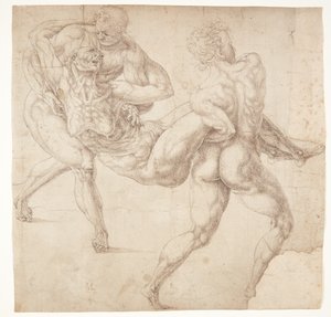 Dos hombres llevando a una anciana de Melchior Lorck
