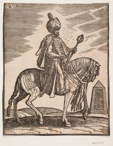 Jinete con turbante con una espada a su derecha y un garrote de guerra en su mano izquierda, perfil hacia la derecha; en el fondo, un obelisco de Melchior Lorck