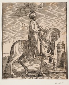 Jinete con turbante, con un garrote colgando al lado derecho del caballo; perfil hacia la derecha; en el lado derecho de la imagen, una pared con una puerta y una torre redonda de Melchior Lorck