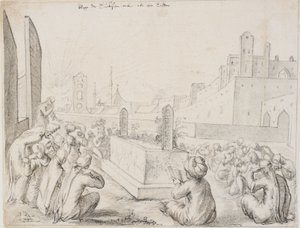 Mujeres turcas llorando alrededor de una lápida de Melchior Lorck