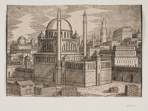 Mezquita no identificada con 2 minaretes, vista desde el noreste; en primer plano un sitio de construcción con piedras apiladas