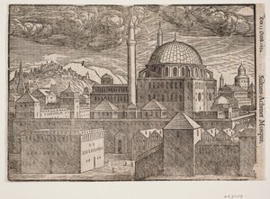 Mezquita no identificada con 2 minaretes, vista desde el sureste; a la izquierda, montaña con ciudad fortificada