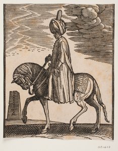Jinete desarmado con turbante, perfil hacia la izquierda; frente al caballo, un obelisco en ruinas de Melchior Lorck