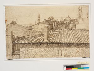 Vista sobre los tejados hacia la Columna de Arcadios en Constantinopla de Melchior Lorck