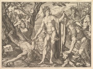 Apolo y Marsias y el Juicio de Midas: a la derecha Midas con orejas de asno