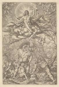 Resurrección de Cristo, rodeado por un aureola y nubes con líneas de putti alados, 1577 de Melchior Meier