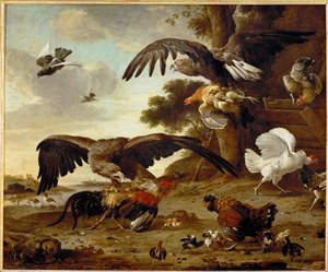 Águilas atacando pollos ... de Melchior de (manner of) Hondecoeter