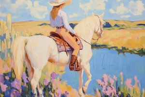 Una vaquera sobre un caballo blanco de Melloi Art Prints