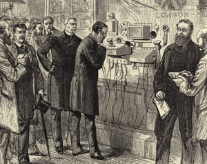 Inauguración de la línea telefónica anglo-inglesa. Primera conversación telefónica entre Londres y París en la Oficina General de Correos de Londres. En el extremo londinense se utilizaron instrumentos Bell. Grabado en madera París 28 de marzo de 1891. Gra de Melton (after) Prior