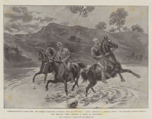 Corresponsales bajo fuego, el shrapnel del enemigo estallando sobre el Sr. Nevinson (Daily Chronicle), Melton Prior (Illustrated London News), y Servant, al cruzar un vado en Ladysmith de Melton Prior