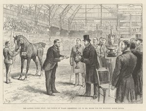 El espectáculo ecuestre de Londres, el Príncipe de Gales presentando la copa al Sr. Moore por su caballo Hackney Rufus de Melton Prior