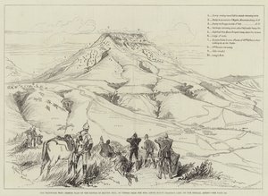 La guerra de Transvaal, plano esquemático de la batalla de Majuba Hill, visto desde la colina sobre el campamento de Mount Prospect de Melton Prior