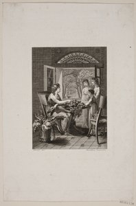 Ilustración con mujeres alrededor de una mesa en un invernadero