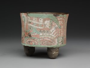Vasija trípode cilíndrica con dos figuras con gafas, c.A.D. 400-650 de Mesoamerican Mesoamerican