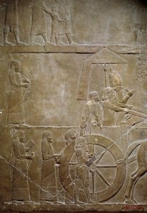 Mesopotamia: Campaña de Elam: Asurbanipal en su carro y prisioneros elamitas. Bajo relieve en alabastro del palacio del rey Asurbanipal (o Ashurbanipal) (668-627 a.C.). 645 a.C. De Nínive. París, Museo del Louvre