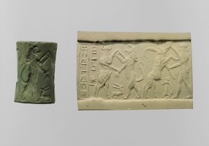 Sello cilíndrico de combate con impresión moderna c.2250-2150 a.C. (albita) de Mesopotamian Mesopotamian