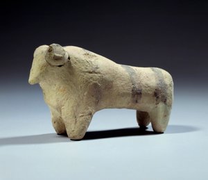 Mesopotamia: estatuilla de toro de terracota con tiras pintadas. Período Obeid (5000-4000 a.C.)