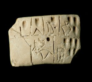 Mesopotamia: tablilla de arcilla con escritura cuneiforme del templo de Eanna dedicado a la diosa Inanna en Uruk (3200 a.C.)