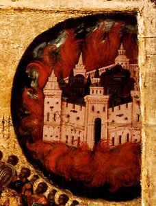 Bendito sea el ejército del rey del cielo (detalle): Incendio en Kazán, 1550s de Metropolitan of Moscow Athanasius