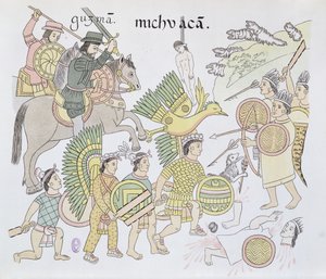 Batalla de Michoacán entre los Españoles y los Aztecas, ilustración de un facsímil de una historia pictórica india mexicana Lienzo de Tlaxcala de c.1550, 1892