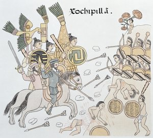 Batalla de Xochipilla entre los españoles y los aztecas, ilustración de un facsímil de una historia pictórica india mexicana Lienzo de Tlaxcala de c.1550, 1892 de Mexican School