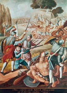 Conquista de México: batalla que opone Hernando Cortés (Hernán Cortez) (1485-1547) a los indios de Tabasco en 1519"" Pintura de la escuela mexicana de Mexican School