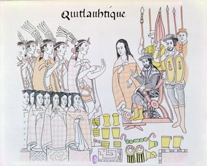 La Malinche (Doña Marina) actuando como intérprete durante la presentación de mujeres y oro por Moctezuma (1466-1520) a Hernando Cortés (1485-1547), ilustración de un facsímil de una historia pictórica india mexicana