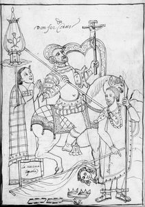 MS Hunter 242 f.246v, Cortés a caballo, de pie sobre el rey azteca Moctezuma derrotado, ilustración de la Historia de Tlaxcala de Diego Muñoz Camargo de Mexican School