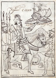 MS Hunter 242 f.247r Cristóbal Colón, ilustración de la Historia de Tlaxcala por Diego Muñoz Camargo de Mexican School