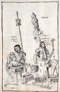 MS Hunter 242 f.248v Picarus (Pizarro) presenta Perú y Cortesius (Cortés) Nueva España, ilustración de la Historia de Tlaxcala por Diego Muñoz Camargo de Mexican School