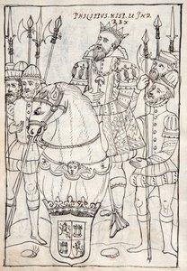 MS Hunter 242 f.249v Felipe II sentado a caballo, con la orden del Toisón de Oro, rodeado de hombres de armas, ilustración de la Historia de Tlaxcala por Diego Muñoz Camargo de Mexican School