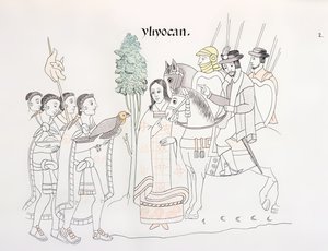 Encuentro de Hernando Cortés (1485-1547) y los aztecas, ilustración de un facsímil de una historia pictórica india mexicana Lienzo de Tlaxcala de c.1550, 1892 de Mexican School