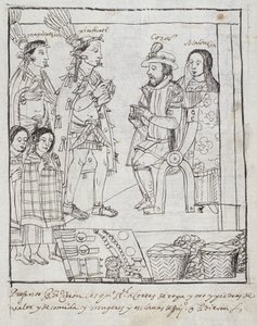 Montezuma se encuentra con Cortés, de Historia de Tlaxcala por Diego Muñoz Camargo de Mexican School