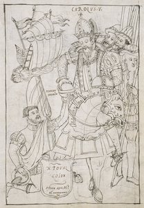 Cristóbal Colón (1451-1506) ofrece simbólicamente el Nuevo Mundo a Carlos V (1500-08), de Historia de Tlaxcala por Diego Muñoz Camargo de Mexican School
