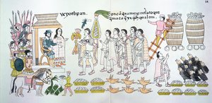 El jefe tlaxcalteca, Maxixcatzin, presenta un ramo de rosas y otros regalos a Hernando Cortés (1485-1547) como símbolos de bienvenida, ilustración de un facsímil de una historia pictórica india mexicana de Mexican School