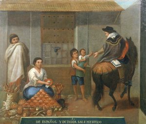 Tres figuras junto a un puesto de mercado