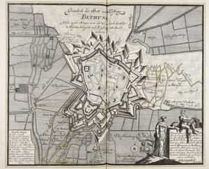 Planta de la ciudad y fortaleza de Bethune, asediada por los Altos Aliados desde el 14 de julio de 1710. Iul. por los Altos All¨yrten y conquistada el 30 Ago. Aug. con Accord conquistado / Ingeniero Meyer ad vivum delineavit. de Meyer