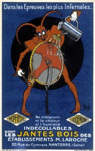 Diablo rojo frente a una rueda de bicicleta ilustrando un anuncio para los aros de madera de los establecimientos Laroche (Nanterre) (grabado) de Mich