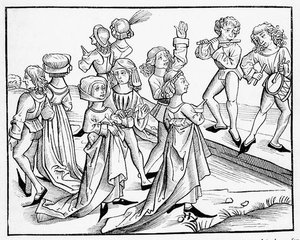 Bailarines en la Noche de Navidad castigados por su impiedad, después de un grabado en madera de 