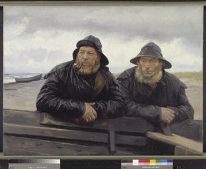 Dos pescadores junto a un bote