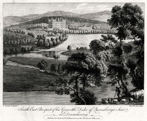 Vista del sureste de la residencia de su gracia el duque de Queensberry en Drumlanrig, Escocia