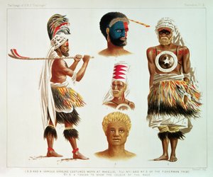 Varios Trajes de Baile Usados en Nakello, Fiyi, ilustración de 