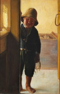 El hijo de un pescador mirando a través de una puerta. de Michael Peter Ancher