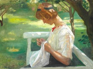 Ella Saxild cosiendo en el jardín un día de verano. de Michael Peter Ancher