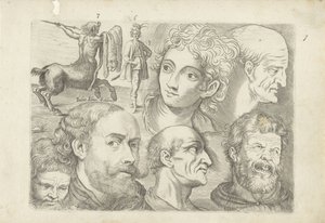 Hoja de estudio con ejemplos de dibujo: centauro, figura de pie y cabezas