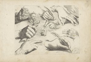 Hoja de estudio con ejemplos de dibujo: manos y retrato de Hendrick Goltzius de Michael Snijders