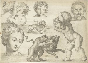 Hoja de estudio con ejemplos de dibujo: cabezas y animales de combate
Ejemplos de dibujos (título de la serie)